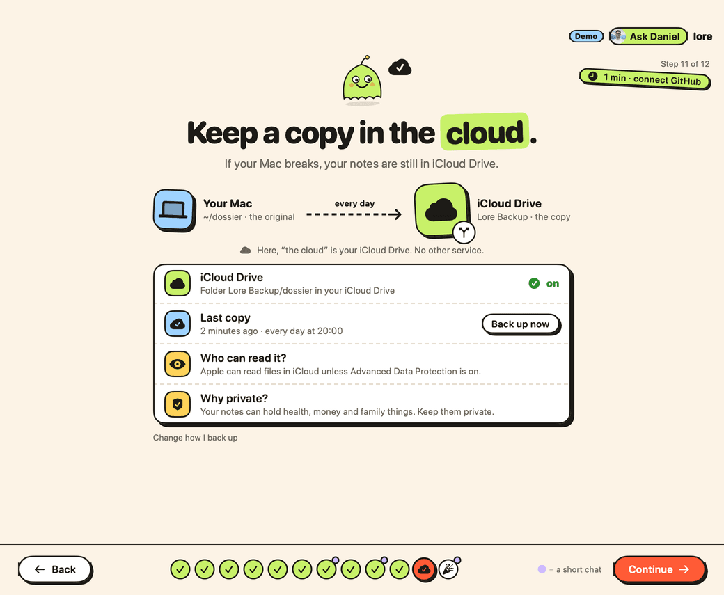 Lore's backup step: iCloud Drive, GitHub or Skip.