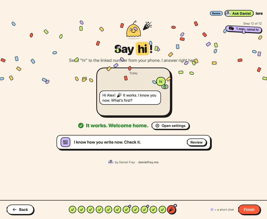 Lore's last setup step: you send hi from your phone, and it answers. It works. Welcome home.