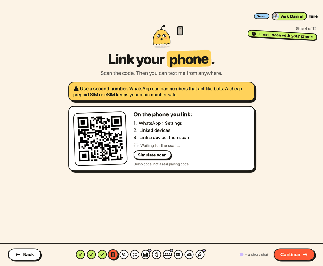 Lore's phone step: a QR code to scan with WhatsApp.